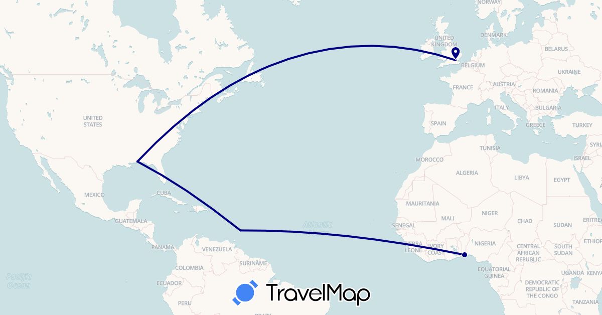 TravelMap itinerary: driving in Barbados, Benin, United Kingdom, United States (Africa, Europe, North America)